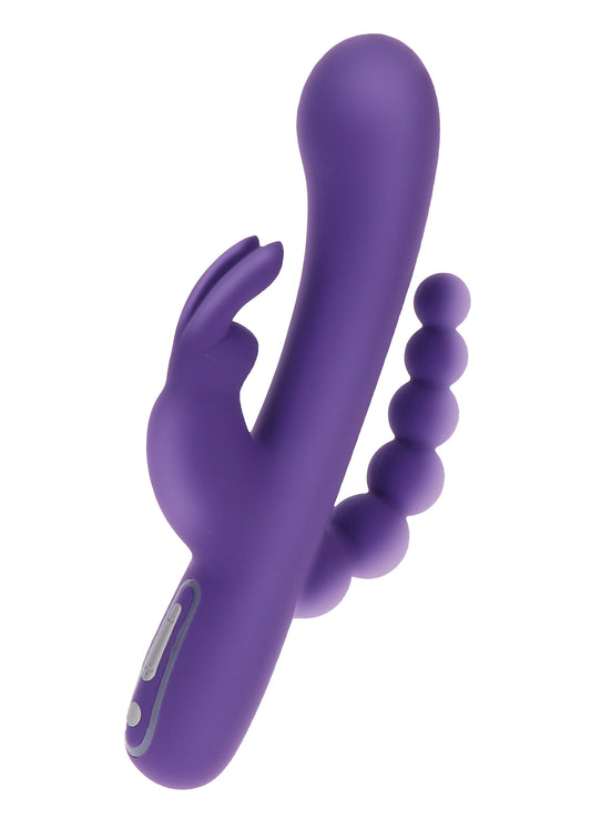 Vibratore Love Rabbit Triple Pleasure di TOYJOY con asta, stimolatore clitorideo e palline anali.