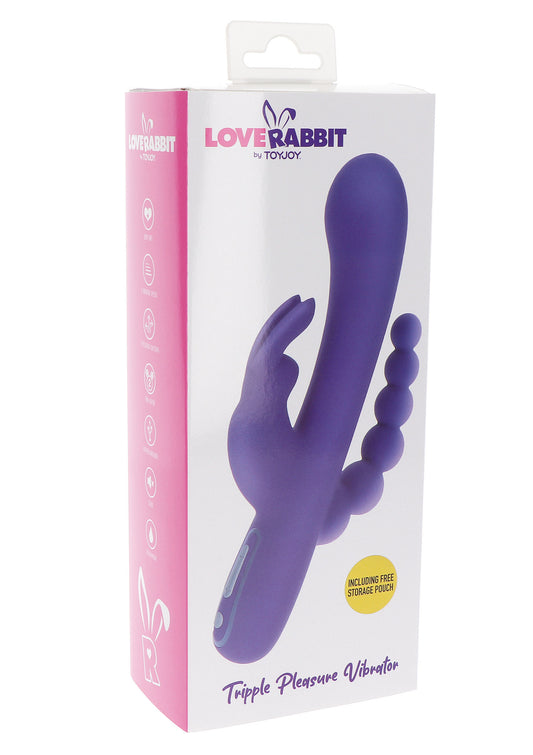 Vibratore Love Rabbit Triple Pleasure di TOYJOY con asta, stimolatore clitorideo e palline anali.