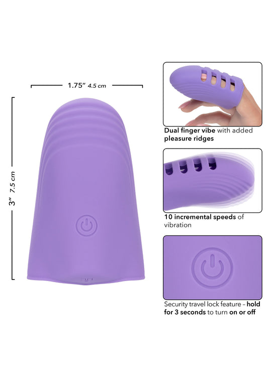 Eleva il piacere con il Dr. Laura Berman Finger Vibe! Compatto e discreto, con 10 vibrazioni regolabili e creste stimolanti. Impermeabile e perfetto per ogni momento.
