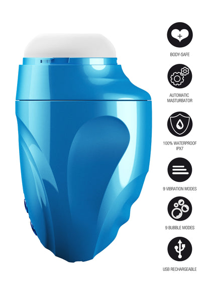 Masturbatore Hidden Desire Fusion X Aqua Bubble - Design innovativo in blu trasparente con vibrazione e pressione d'aria per un'esperienza visiva e tattile unica.