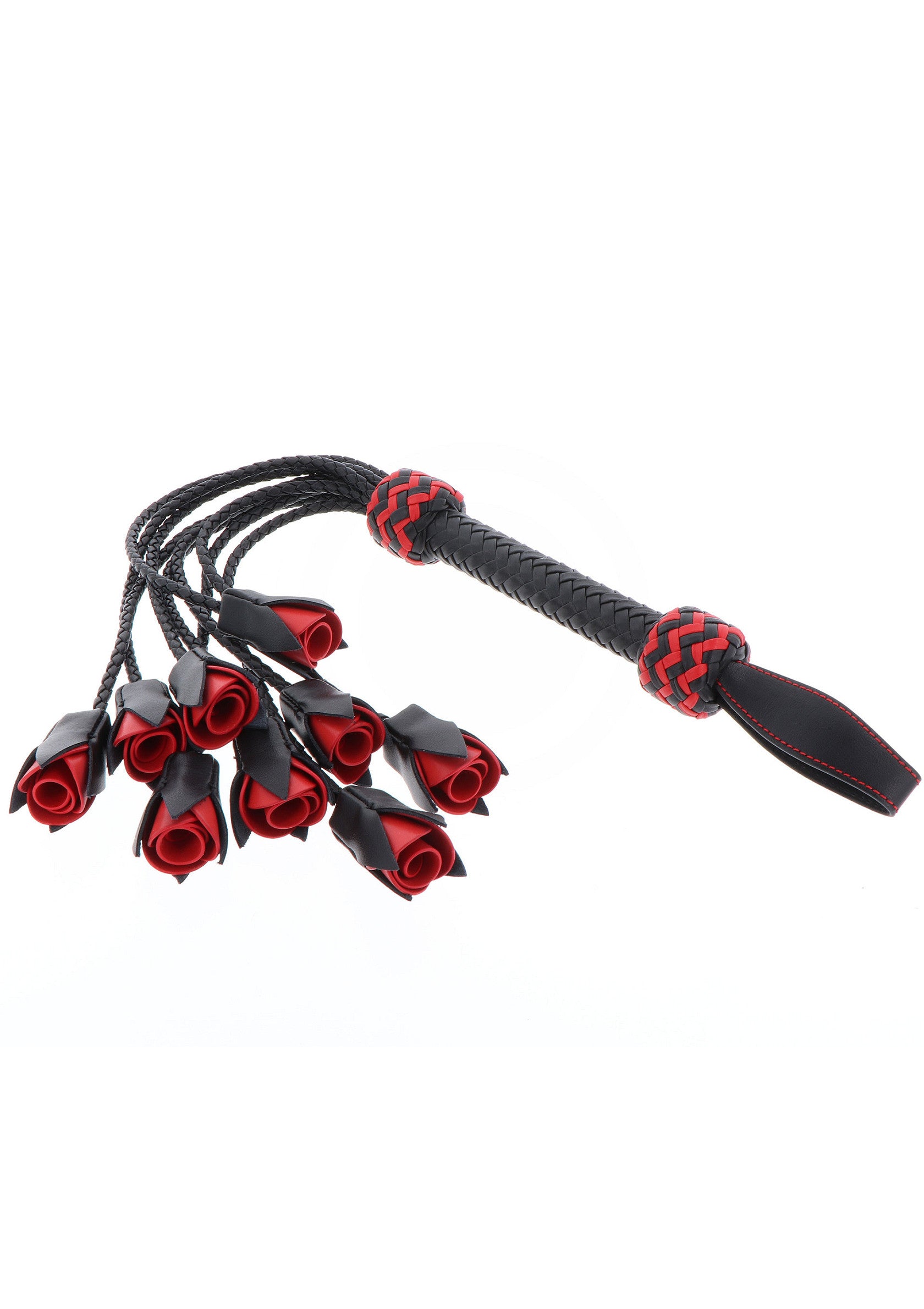 Frusta nera e rossa con manico intrecciato e decorazioni a forma di rose.