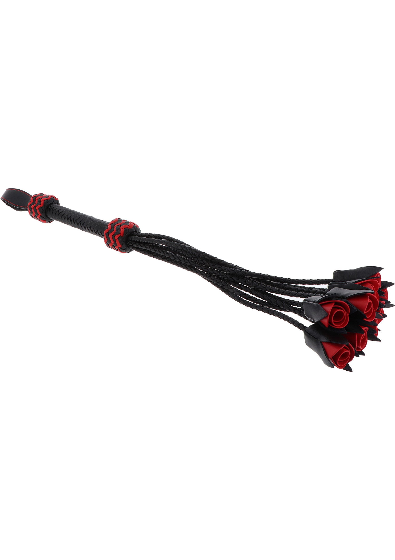 Frusta nera e rossa con dettagli intrecciati e punte a forma di rose stilizzate.