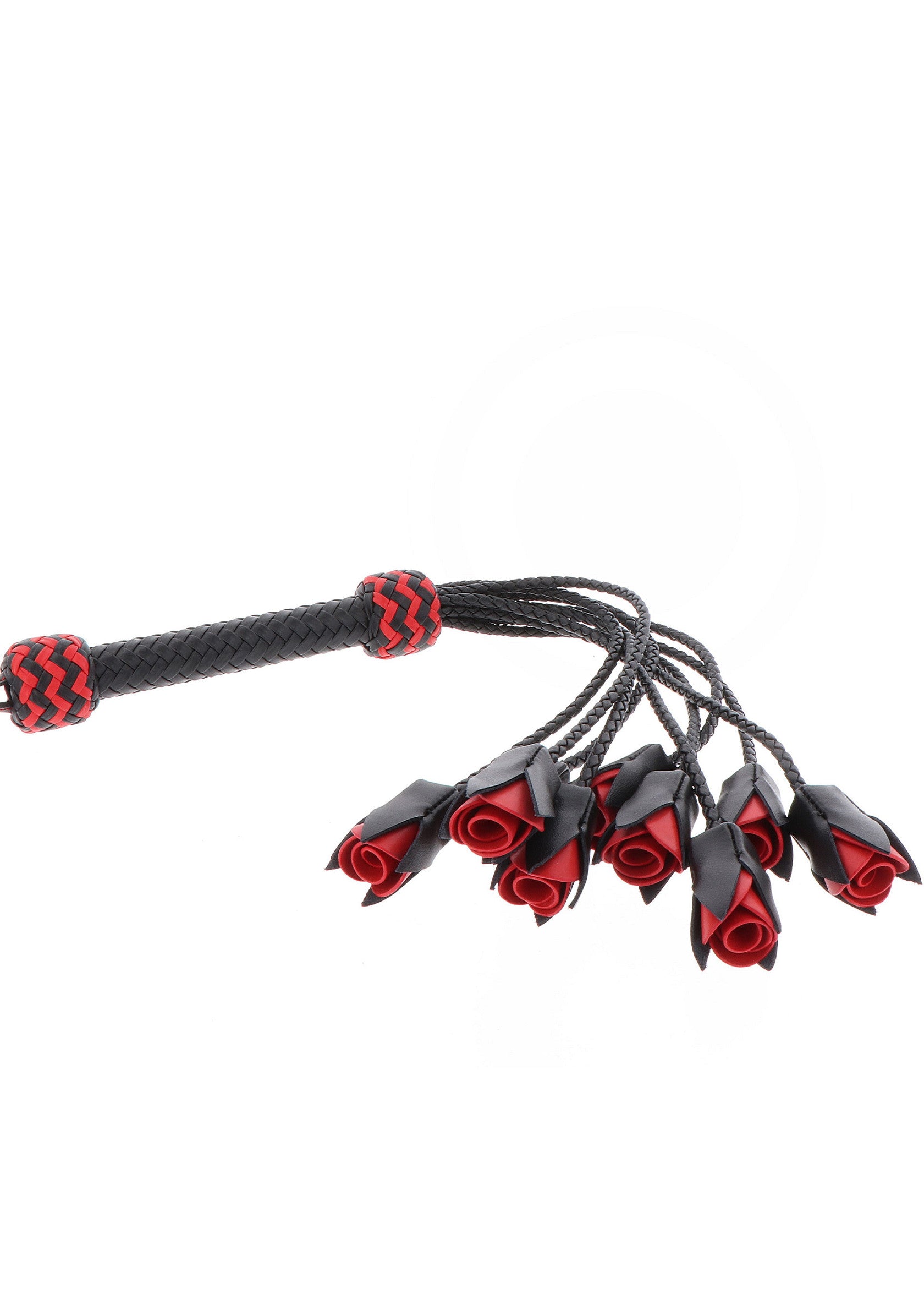 Frusta nera e rossa con manico intrecciato e decorazioni a forma di rose.