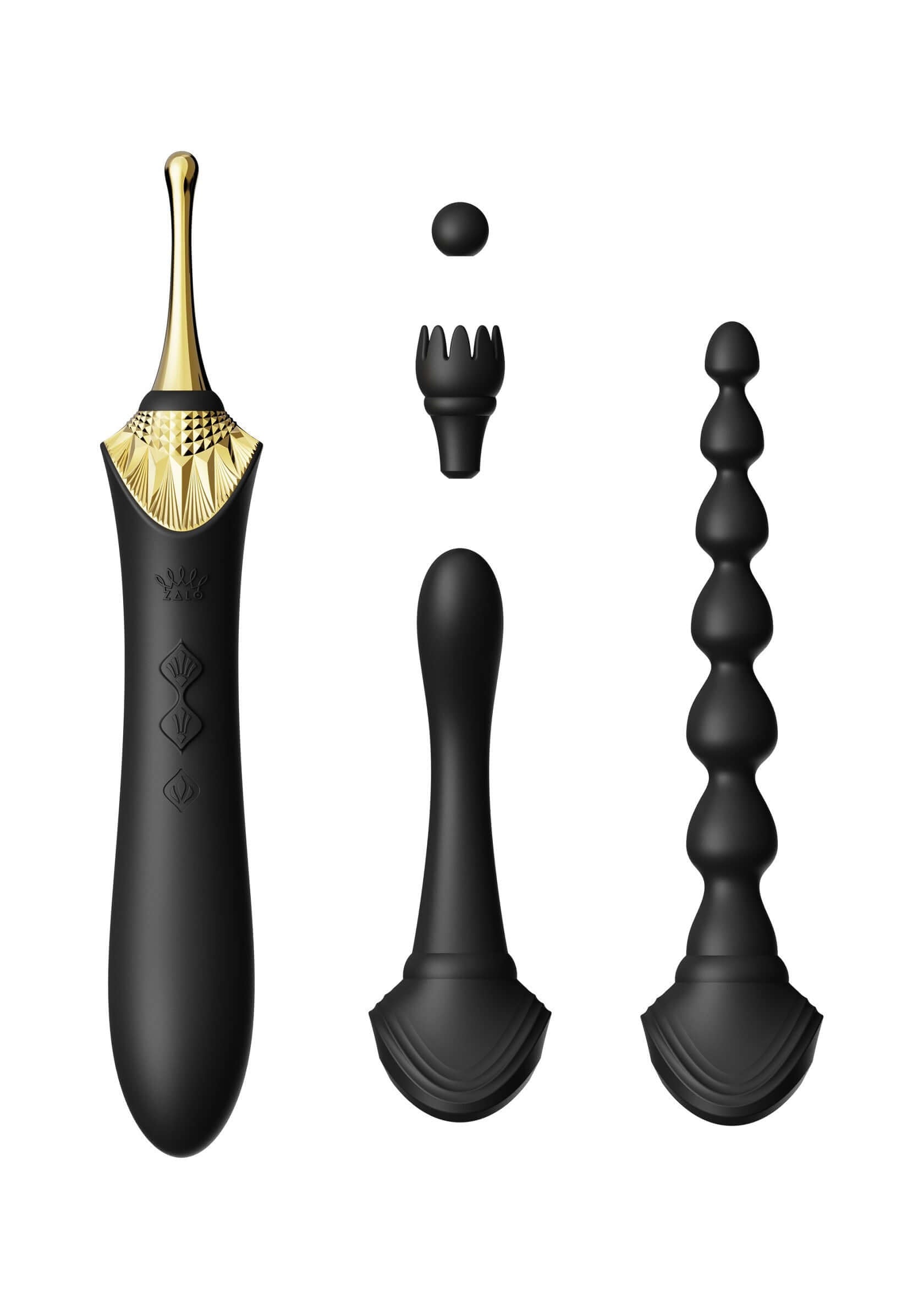 Vibratore nero con accessori intercambiabili e dettagli dorati.