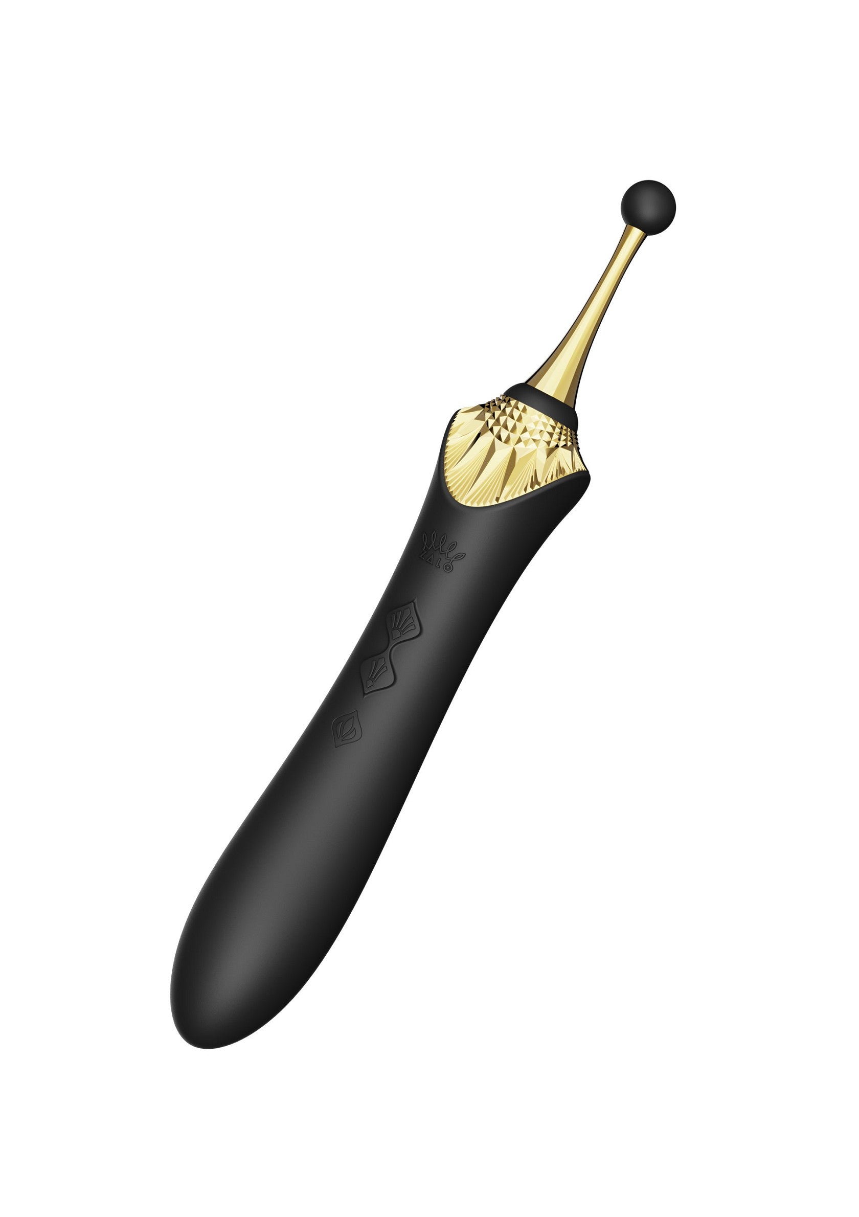 Vibratore nero con punta dorata e accessorio sferico per stimolazione versatile.