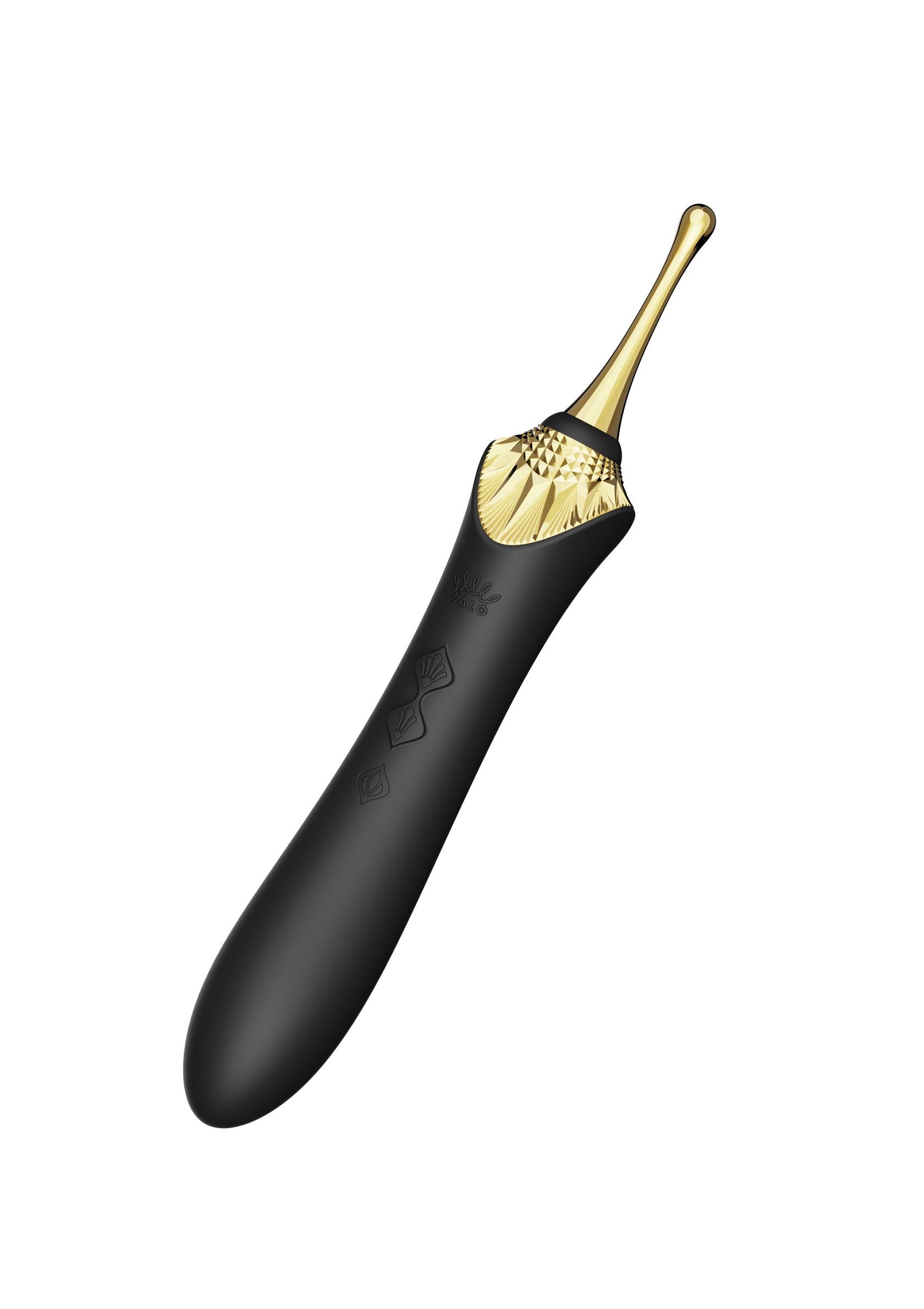 Vibratore nero con punta dorata per stimolazione precisa ed elegante.