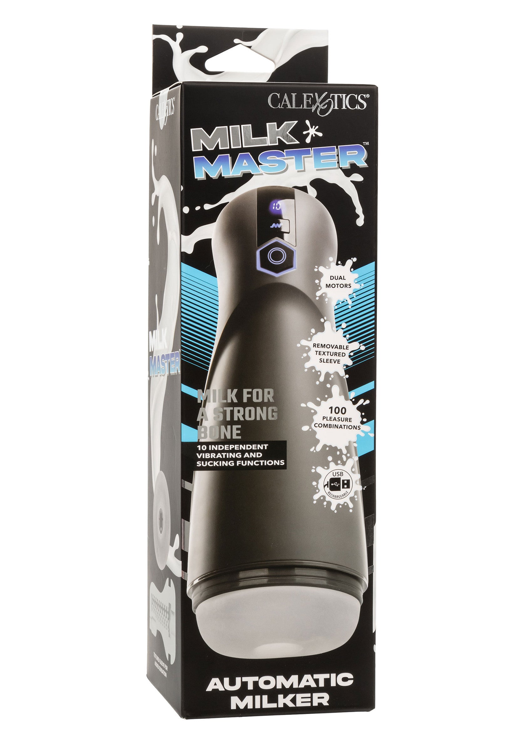 Masturbatore automatico CalExotics Milk Master con vibrazione e suzione, manica testurizzata, ricaricabile via USB, 10 funzioni indipendenti.
