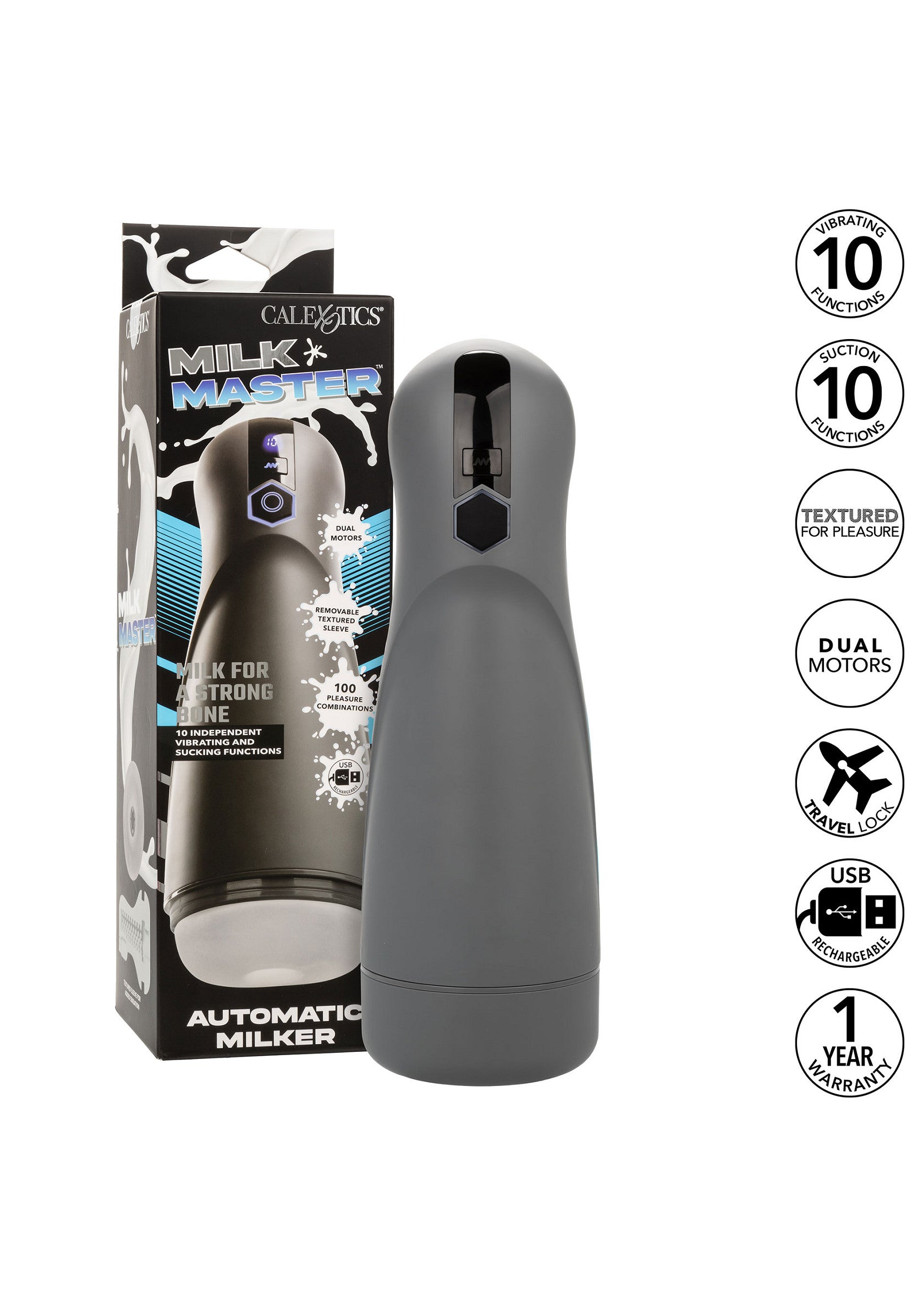 Masturbatore automatico CalExotics Milk Master con vibrazione e suzione, manica testurizzata, ricaricabile via USB, 10 funzioni indipendenti.