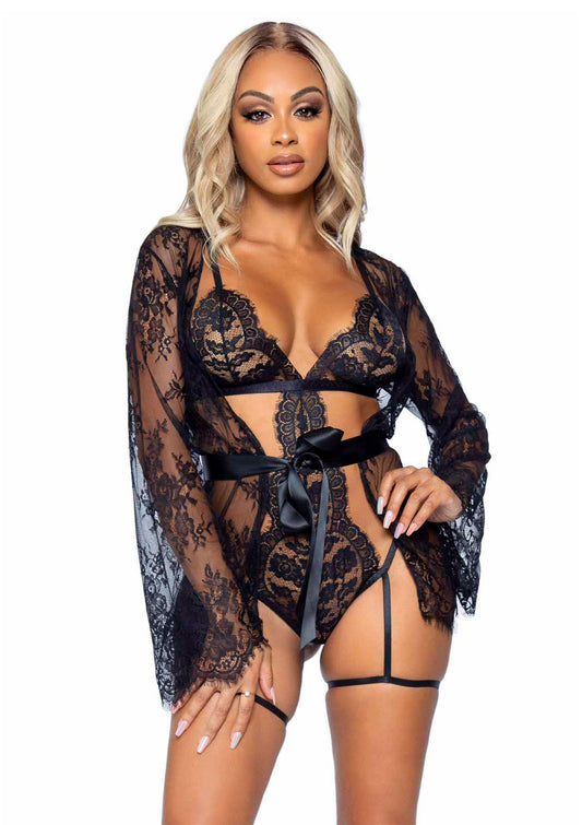 Intimo Leg Avenue Teddy, lace robe & ribbon tie