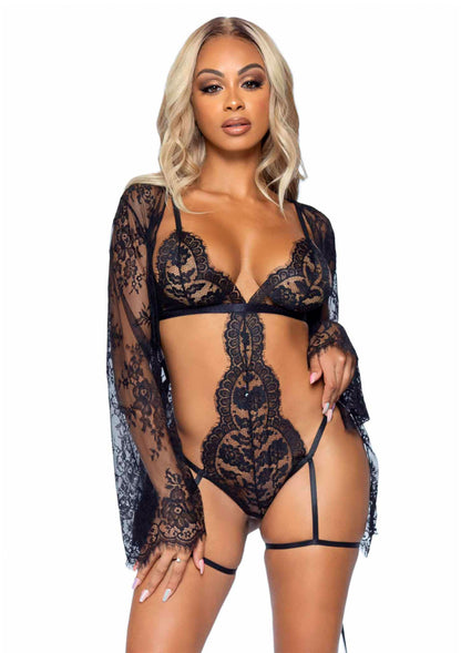 Intimo Leg Avenue Teddy, lace robe & ribbon tie